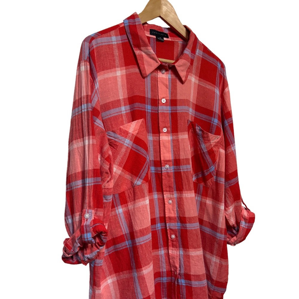 Sanctuary Roll Tab Sleeve Button Down Shirt Red Coral Orange Blue Plaid Size 2XL